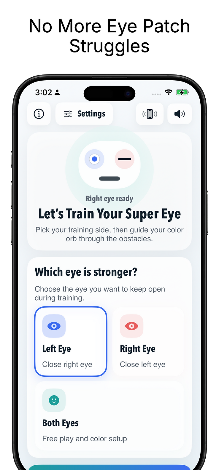 EyeAlign Quest gameplay screenshot showing the color-matching therapy interface.